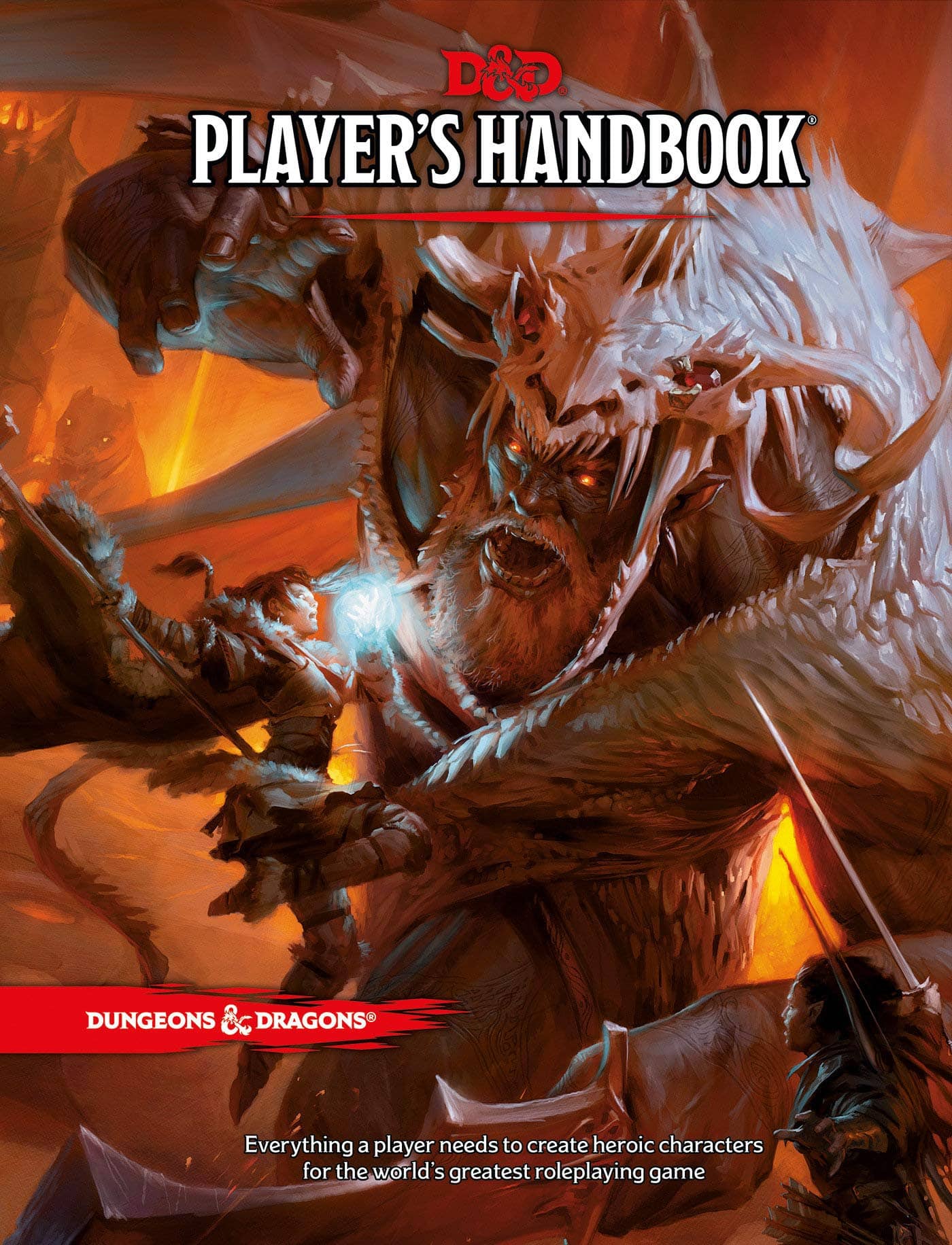 Moderni Dungeons & Dragons -pelaajan käsikirjan kansi, jossa sankarit taistelevat valkoista lohikäärmettä vastaan