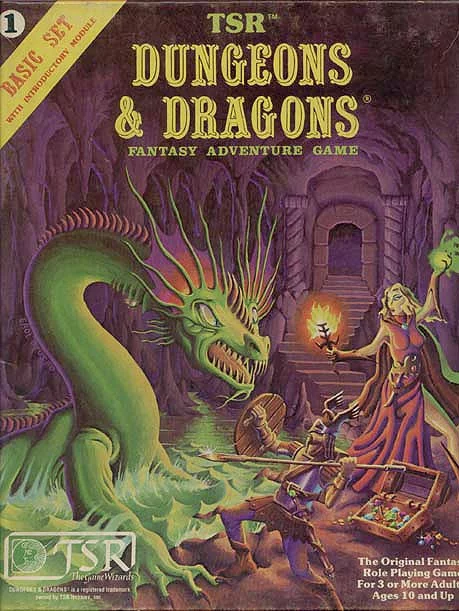 Vintage Dungeons & Dragons Basic Set -kansi, jossa sankarit taistelevat lohikäärmettä vastaan