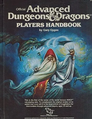 Klassinen Advanced Dungeons & Dragons -pelaajan käsikirjan kansi, jossa velho loihtii loitsua