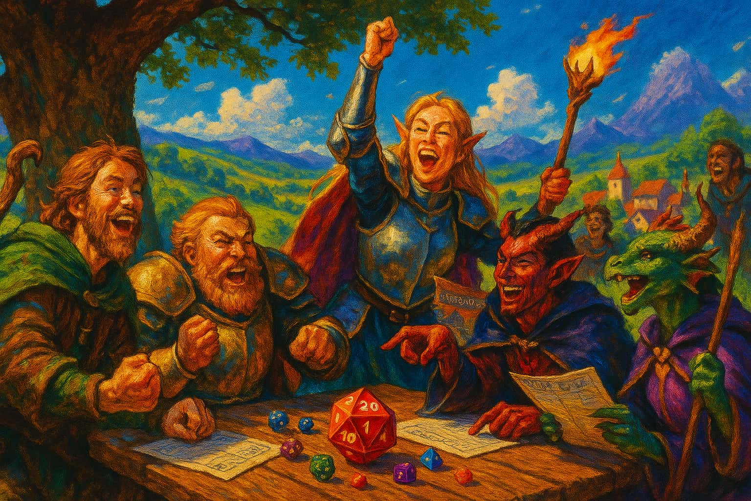 Fantasia-seinä seikkailijoista ja noppista pöydän ympärillä eeppisessä Dungeons & Dragons -peliasetelmassa